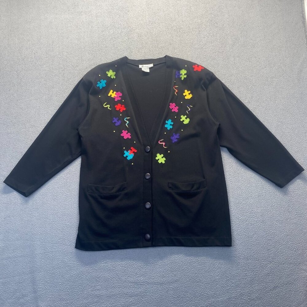 Marie Diamond Black Sweater Womens Size M  4 Buttons 2 Pockets,100% Cotton